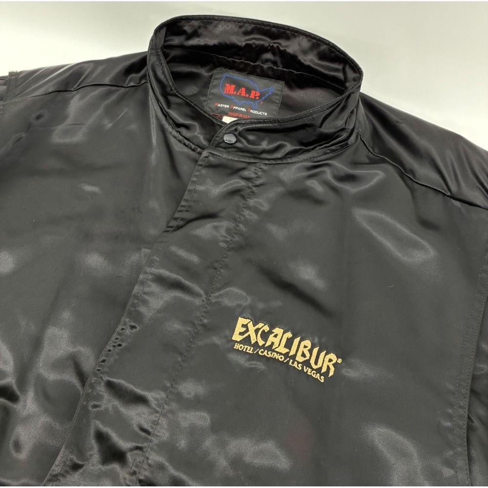 VNTG 90's Excalibur Las Vegas Casino Satin Black Bomber Jacket USA Made 2XL